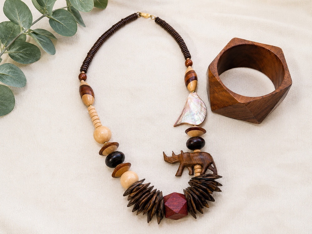 Wood Jewelry Lot Statement Necklace Geometric Bangle Boho Tribal Artisan Shell